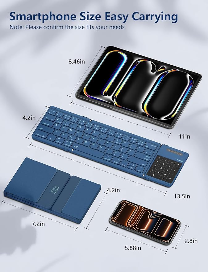 Nillkin Foldable Bluetooth Keyboard with Touchpad & Number Pad, Portable Bluetooth Keyboard with Full Size Keys, Pocket-Sized Wireless Travel Keyboards for iPad, Smartphone, Tablet and Laptop Blue