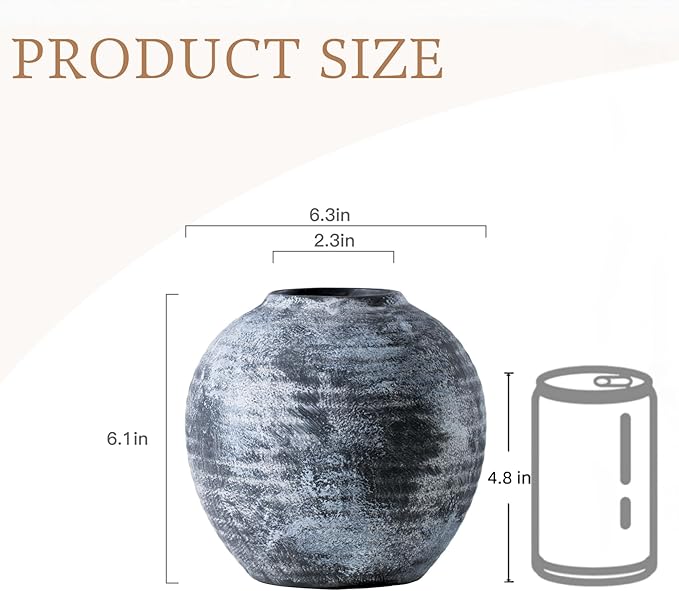 Farmhouse Rustic Ceramic Vase, 6.5 inch Gray-White Handcrafted Weathered Stone Pottery Terracotta Vintage Vases for Home Decor Living Room Table Shelf Decorative (Round - B)