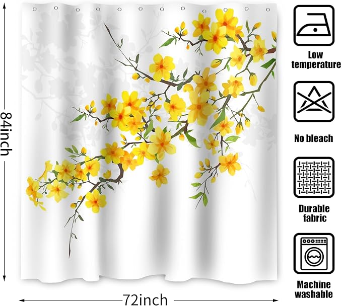 Yellow Floral Extra Long Shower Curtain, Flower Blossom Plant Botanical Spring Durable Waterproof Fabric Machine Washable with Hooks for Bathroom Bathtub Decor 72Wx84H