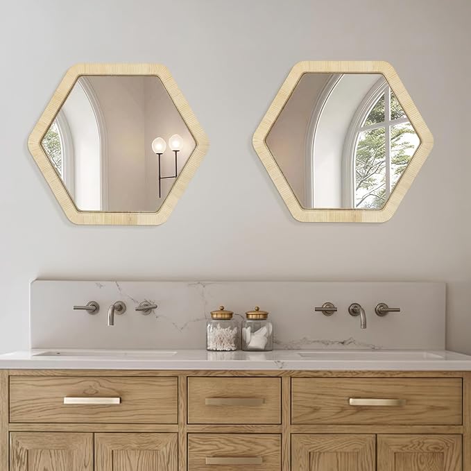 ULIKE Rattan Wicker Mirror for Wall,Boho Woven Bathroom 30 Inch Rustic Farmhouse Wall Decor with Handmade Rattan Frame, Boho Mirror for Nursery Bedroom Living Room Entryway