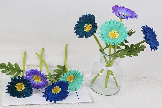 8 Pcs Multi Blue Flowers Small Artificial Gerbera Daisies 11.8” PU Faux Daisies for Table Centerpiece Arrangement Bathroom Kitchen Home Decor