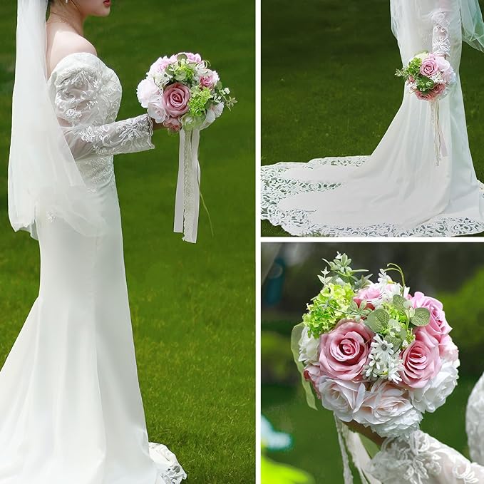 8.6in Blush Wedding Bouquets for Bride Bridesmaid, Pastel Pink White Green Bouquet Artificial Fake Silk Roses Flowers for Wedding Spring Garden Boho Rustic Decoration Toss Bouquet