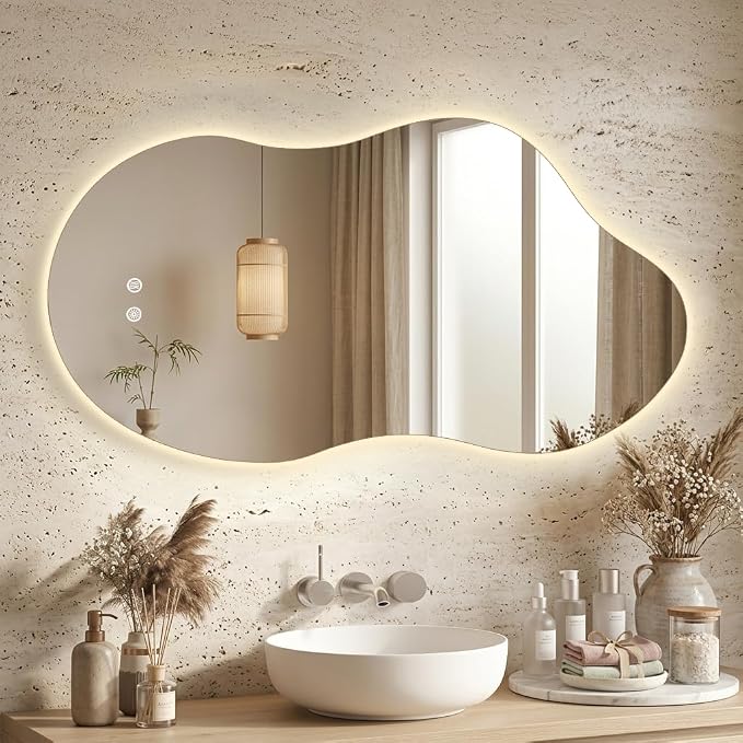 Irregular Backlit Bathroom Mirror with Lights 40 x 24, Asymmetrical Cloud Led Lighted Vanity Mirror for Wall, Anit-Fog, Dimmable, (Horizontal/Vertical)