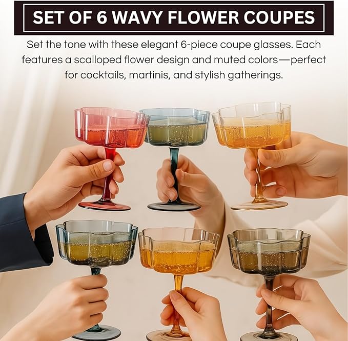 Flower Scalloped Vintage Wavy Petals Wave Glass Coupes 7oz Colorful Martini, Champagne & Cocktails, 6 Set Muted Pastel Shades Rippled Champagne Glasses, Elegant Bar Glassware, Aesthetic Cute Coupe
