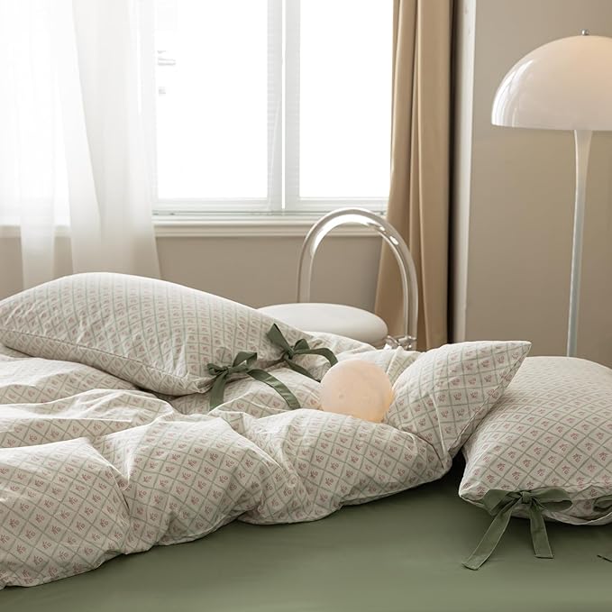 VM VOUGEMARKET Red Flower Comforter Set Twin XL Green Checkered Comforter with 2 Bow Ties Pillowcases Cute Botanical Cottagecore Bedding Sets for Teen Girls-Twin XL,Blue-68"x90"