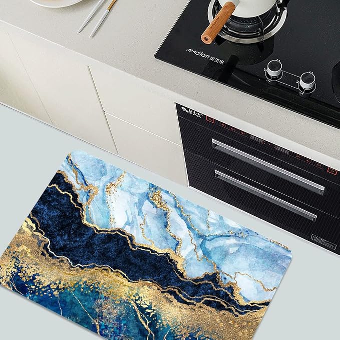 Diatomaceous Earth Bath Mat,Blue White Black and Gold Marble Non-Slip Volume Super Absorbent Fast Drying for Bathroom Kitchen Door mat,Eco-Friendly Easy to Clean 17×27.5Inch (43 * 70cm)