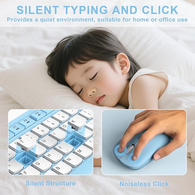 Wireless Keyboard and Mouse Combo, Full-Sized Wireless Keyboard and Adjustable DPI Mouse, 2.4GHz USB Receiver, Silent Keyboard and Mouse for PC, Windows, MAC, Desktop, Laptop(Sky Blue-B)