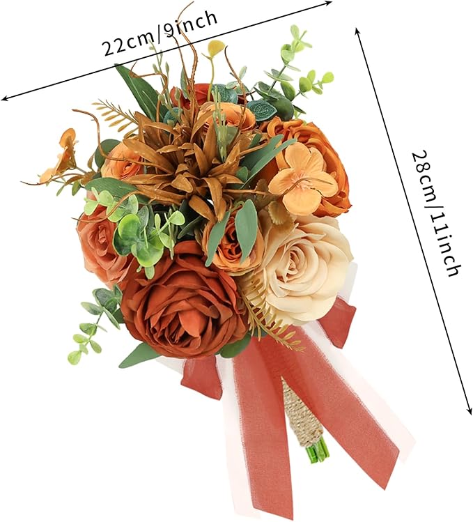 Set of 4 Bridesmaid Bouquets for Wedding - 9 Inch Artificial Flowers Bouquets for Ceremony Anniversary Centerpieces Decorations - Terracotta