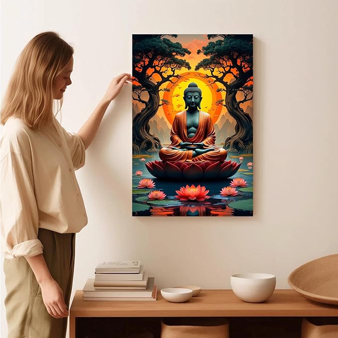 Canvas wall art Golden Buddha on lotus at sunset Ancient trees with reflections on water Serene meditation scene Uplifting wall art for mindfulness and tranquil home decor 28x40in Wood Framed