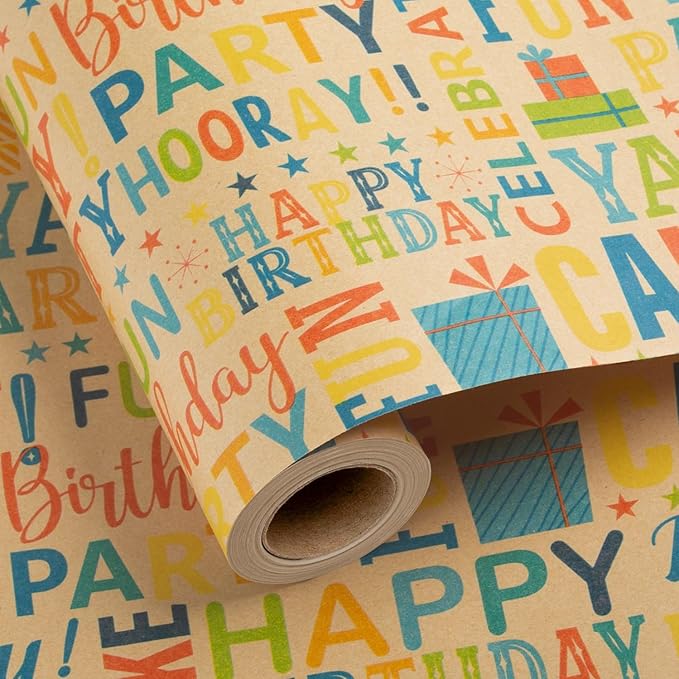 Burymento Kraft Birthday Wrapping Paper for Boys & Girls - Colorful Happy Birthday Pattern - Great for Parties & Baby Showers - Mini Roll - 17 Inches X 33 Feet