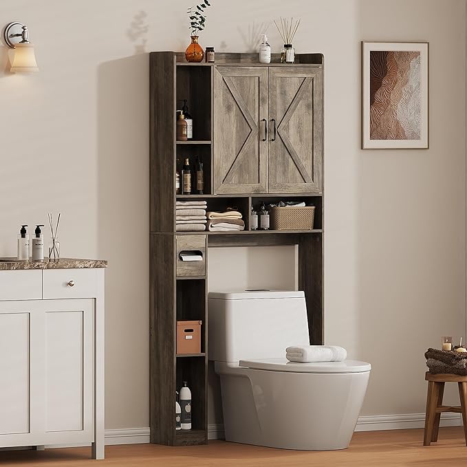 Over the Toilet Storage Cabinet, 31.1”W Bathroom Organizer with Double Doors, Above Toilet Rack, Detachable Toilet Paper Holder for Bathroom & Laundry Room Grey