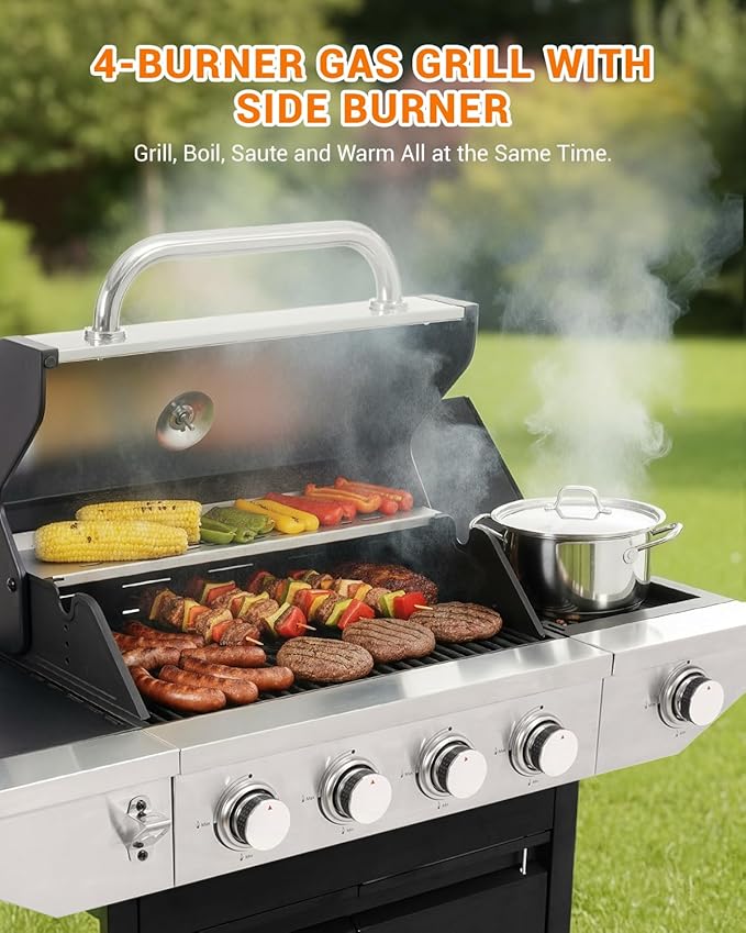 EUHOME 4-Burner Propane Gas BBQ Grill with Side Burner, 46,500 BTU Output Stainless Steel Barbecue Grill with Enameled Cast Iron Grates and Side Tables for Outdoor Cooking Kitchen and Patio Backyard