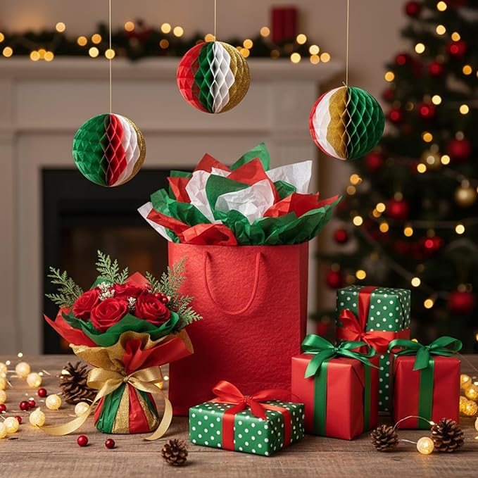 Qilery 500 Sheets Christmas Colored Tissue Paper Bulk 15 x 20 Inch Red Green Gold White Wrapping Paper for Gift Bags Acid Free Tissue for Christmas Craft Supplies, Bouquets, Garlands, Forming Pompoms