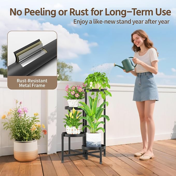 LASZOLA 4 Tier Large Plant Stand Indoor Tall with 10 Inch Metal Tray, Corner Folding Flower Display Rack, Modern Plant Holder Shelf for Outdoor Patio Porch Garden Office Living Room, Black