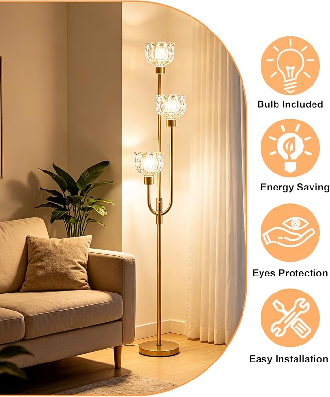 Lightdot 3-Lights Modern Glass Floor Lamp 66IN Gold Dimmable Floor Lamps with 3000K Warm White Bulbs for Wedding Party Tall Standing Lamp with Amber Glass Shade for Living Room/Bedroom/Home Decor