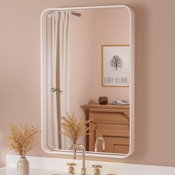 TETOTE 24 x 36 White Frame Mirror for Bathroom Brushed Metal Frame Wall Mounted Rectangle Mirror for Vanity with Sandy Textured Surface(Horizontal/Vertical)
