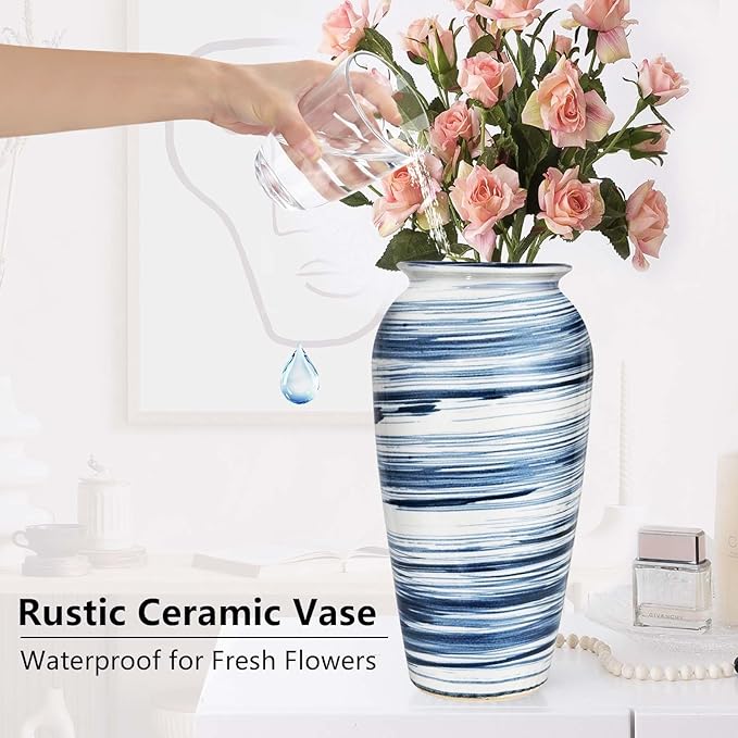 Decorative Ceramic Boho Floor Vase, 12 Inch Blue White Striped Tall Modern Flower Vase for Home Decor, Smooth Glaze Pottery Decor for Living Room,Entryway,Office,Shelf,Centerpieces Decor,Housewarming