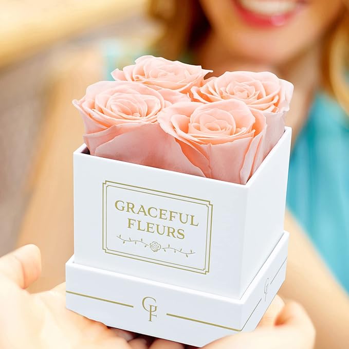 Graceful Fleurs | Real Long Lasting Roses for Years | Preserved Fresh Flowers for Delivery Birthday | Birthday Gifts for Women | Forever Roses in a Box (Light Peach, White Box, 4 Roses)