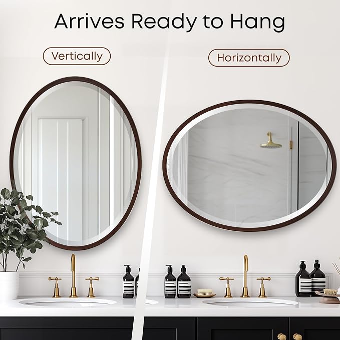 OVALCREST - Oval Wooden Beveled Wall Mirror for Home Decor, Bathroom, Vanity, Bedroom, Living Room, Hallway - London Style (Black Walnut) 29.1 x 23.1