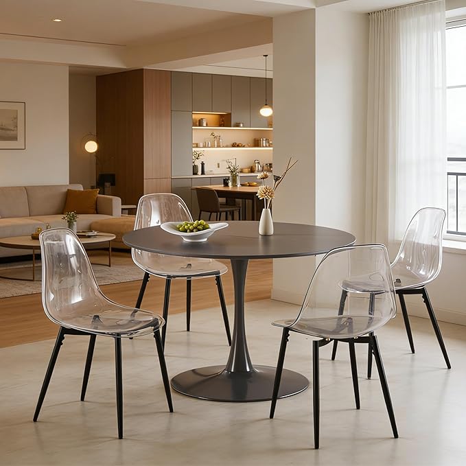 KEIKI 42.1" Round Dining Table, Mid Century Modern Bistro Table with Thickened MDF Tabletop & Metal Pedestal, for 4-6 People, Small Places, Cafe, Kitchen, Living Room, Grey