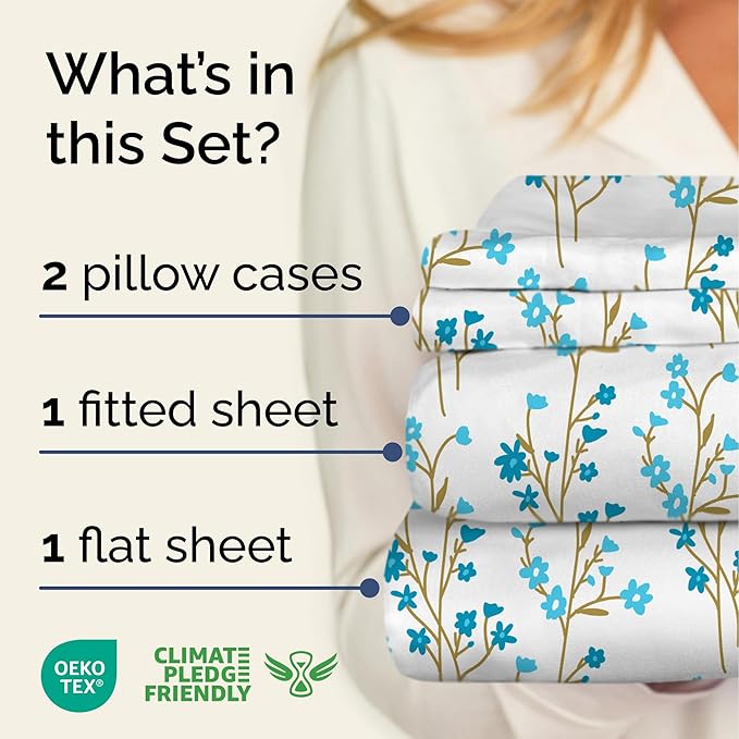 Floral Sheets - Blue Floral Bed Sheet Set - 1 Flat, 1 Fitted & 2 Pillowcases w/ Deep Pockets - Comfy, Wrinkle & Fade Free - Boho Botanical Bedding - Ultra-Soft, Breathable & Cooling - Full Size Set