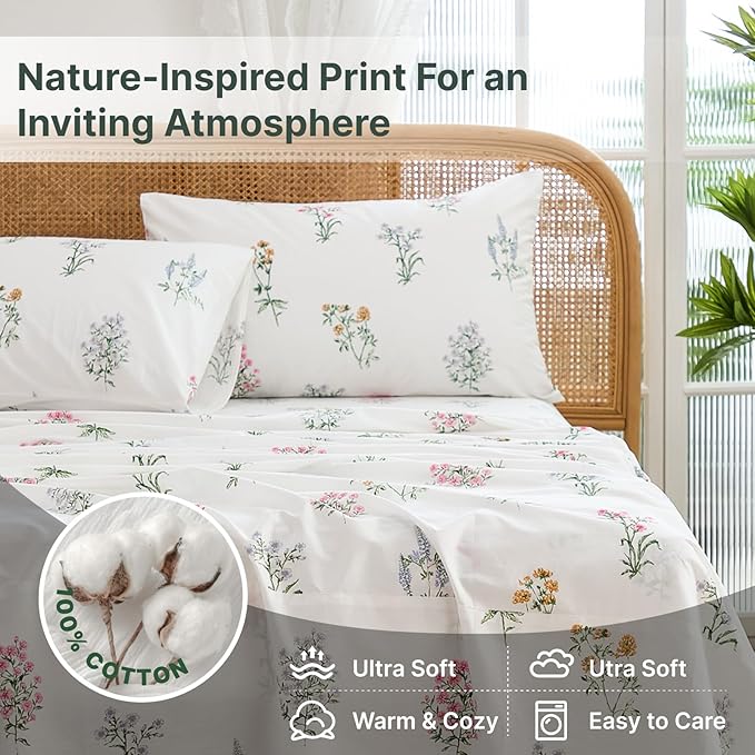 100% Cotton Sheet Set King Size – 4-Piece Chic Garden Floral White Bedding Set, Soft Breathable Percale Weave, Deep Pocket Fitted Sheet 17.5", Crisp Cool Feel, Refined Botanical Elegance