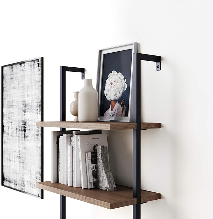 Nathan James Theo 5-Shelf Wood Modern Bookcase, Open Wall Mount Ladder Bookshelf with Industrial Black Metal Frame, Reclaimed Oak, Set of 3