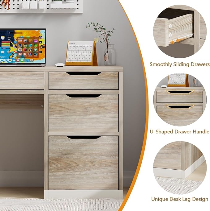 52 Inch Small Desk with Drawers, Walnut Desk with Storage, Computer Desk with Filing Cabinet，Study Desk for Kids, Bedroom