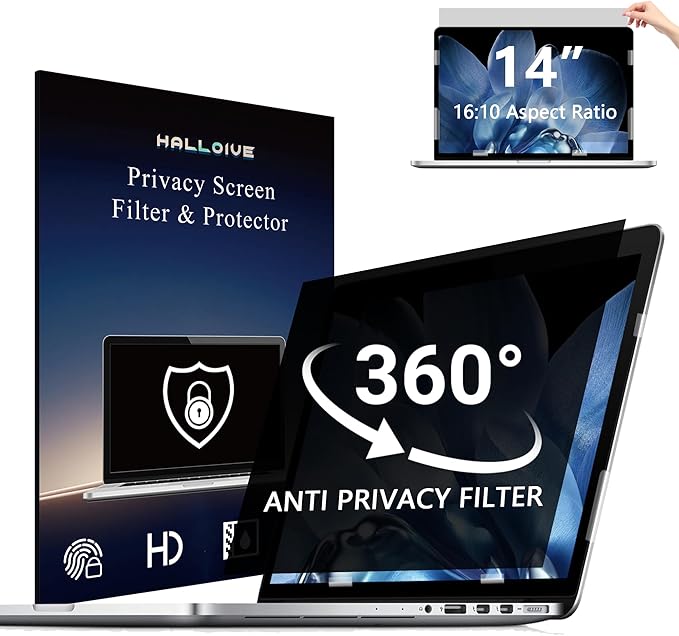 4-Way Laptop Privacy Screen Shield 14 Inch 16:10 Aspect, Removable 360° Privacy Filter Screen Protector for 14 Inch Laptop Computer, Anti Glare Blue Light Slide Mount Tabs Cover