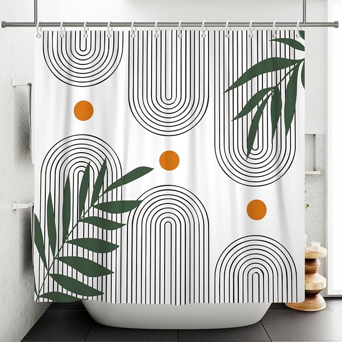 Boho Mid Century Shower Curtain Bohemian Minimalist Geometric Arch Sun Bathroom Curtain Sage Green Plant Polyester Shower Curtain Sets for Bathroom Extra Long 72x84 in with 12 Hooks