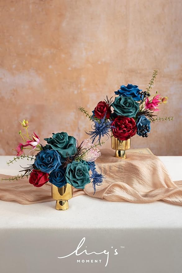 Ling's moment Fake Flowers Box, Foam Roses Artificial Fern Berry Faux Greenery Stems for Wedding Bouquets Centerpieces Table Decorations Floral Arrangement, Navy Blue & Pink, Deluxe Combo