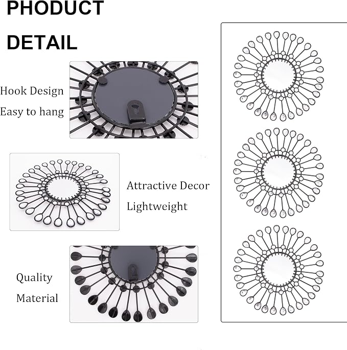 Black Mirrors 3 Piece, Sunburst Mirror Hanging Wall Decor, 9 inch Decorative Mirrors Wall Art, Rhinestone Round Mirror for Bedroom, Valentine, Kitchen, House Warming Valentine Gifts