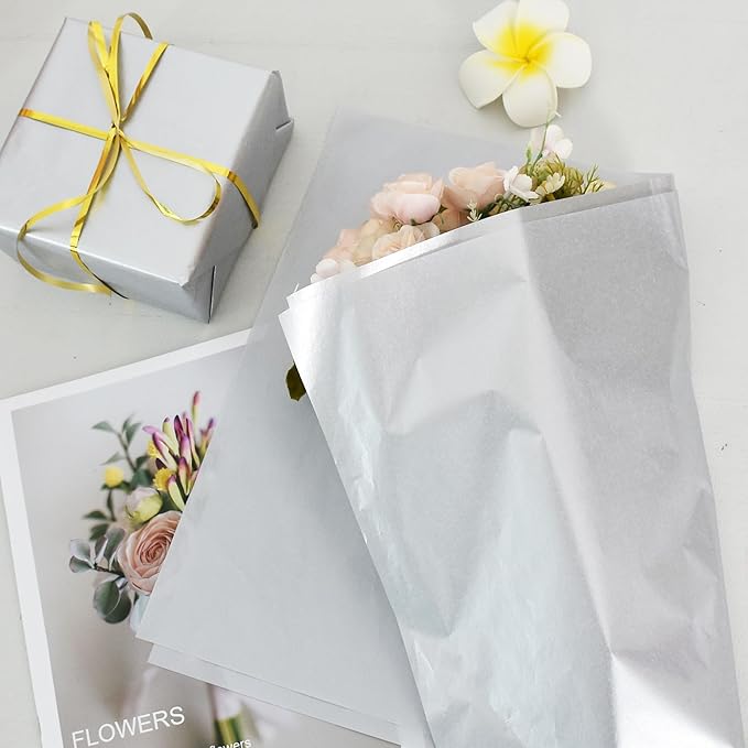 BEISHIDA 100 Sheets Silver Tissue Paper Bulk, Metallic Wrapping Tissue Paper for Gift Bags, 14 x 20 Inch Gift Wrap for Birthday Wedding Graduation DIY Crafts Holiday Flowers
