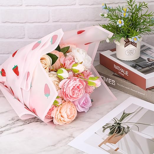 20 Sheets Flower Wrapping Paper, Matte Florist Strawberry Flower Bouquet Wrapping Paper With Ribbon Pink Paper Floral Wrap Papers for Bouquets Gifts Wrapping Papers for Birthday Girl Wedding Christmas