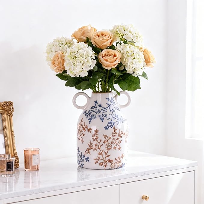 Rustic Blue Ceramic Vase with Handle, Nordic Boho Small Vases Side Table Flower Centerpiece, Wide Mouth Single Flower Vase Pampas Grass Decorative - for Home Window Sill Living Dining Room Kitchen