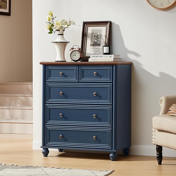 Farmhouse 5 Drawer Dresser, Blue Rustic Chest of Drawers, 35.5" Tall Small Dressers for Bedroom with Roman Column and Metal Handles,Wood Storage Organizer for Living Room, Hallway, Closet