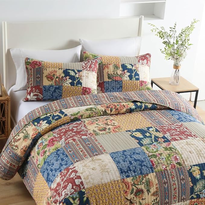 ENASAL Cotton Bedspread Quilt Sets Reversible Bedding Coverlet Sets Comforters Vintage Luxury Gorgeous Floral Real Patchwork Bedspread,Queen Size