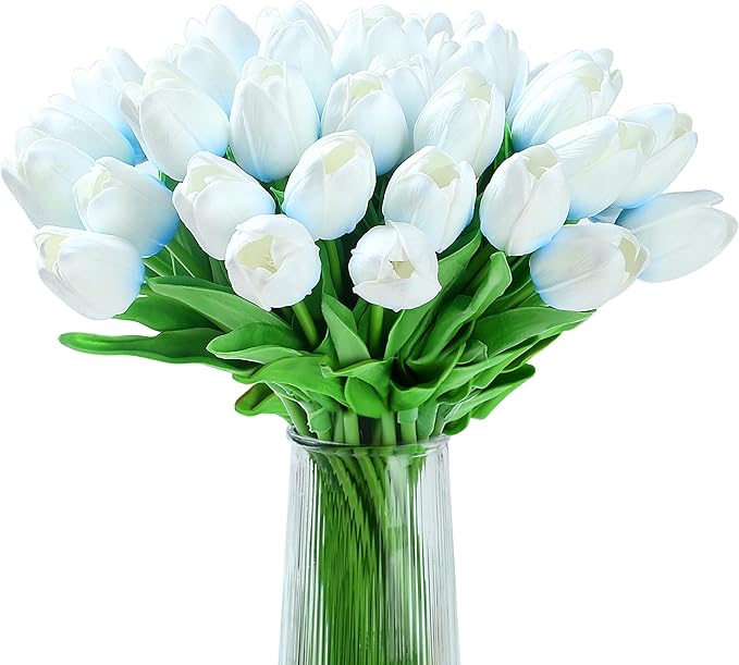 20pcs Blue Tulips Artificial Flowers Fake Silk Tulips Real Touch Flowers for Spring Kitchen Wedding Home Decor Arrangements Easter Decor 14 Inch