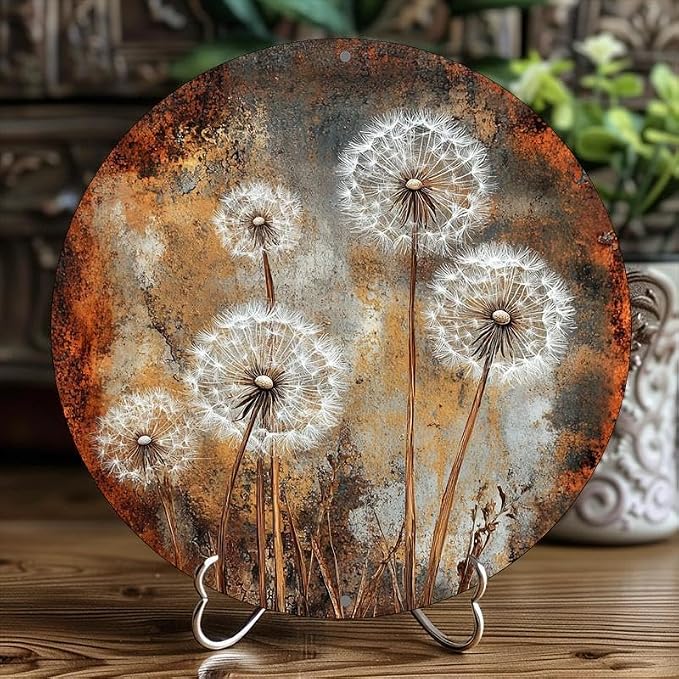 Vintage Dandelion-Themed Aluminum Wall Art, 8x8 Inch Round Metal Decorative Sign, Multipurpose Indoor/Outdoor Hanging Plaque, with No Electricity Needed, Birthday & Holiday Gifts