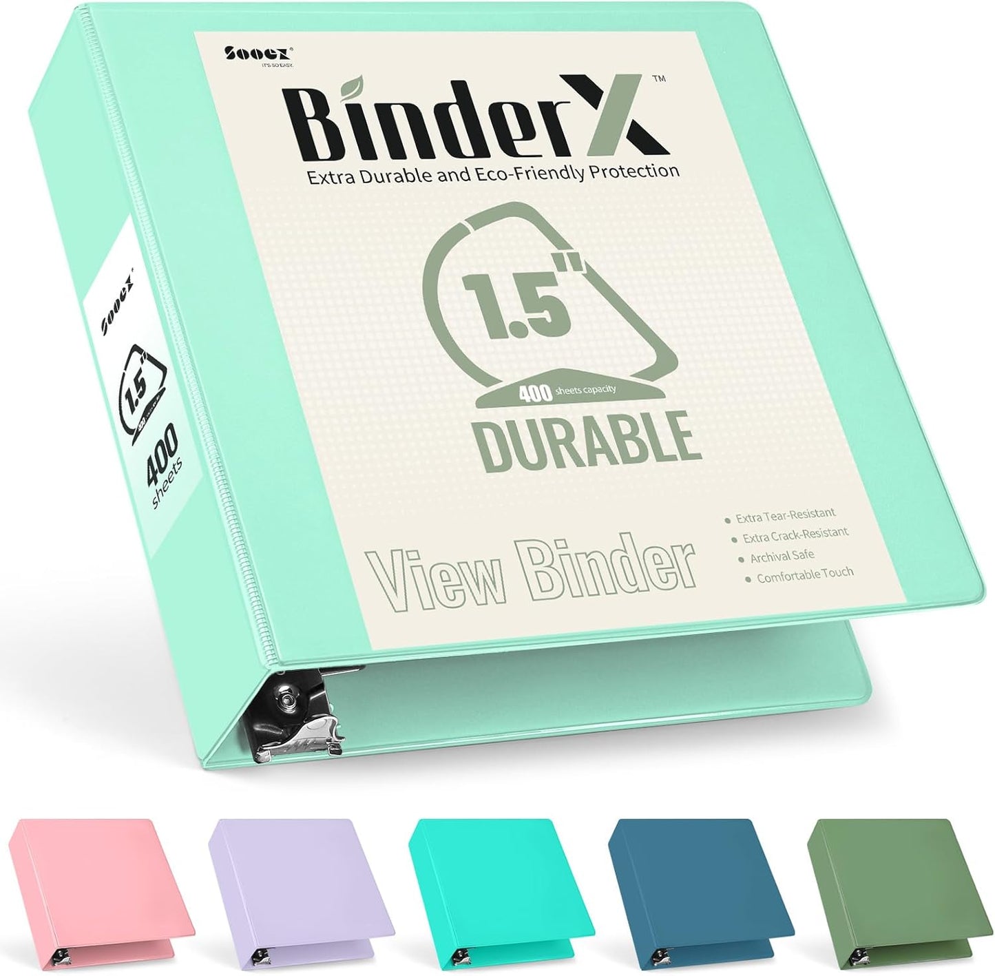 Sooez BinderX Extra Durable 1.5-Inch 3-Ring Binder - Holds 400 Sheets | Customizable View Cover, Light Green