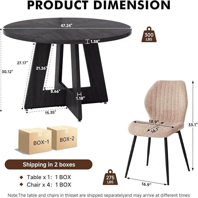 Round Dining Table Set for 4 with Chairs Kitchen Table and Chairs Set Dining Room Tables Mid-Century Modern Chair with Metal Legs for Apartment Living Room(Dark Gray Table With 4 Brown Chairs)
