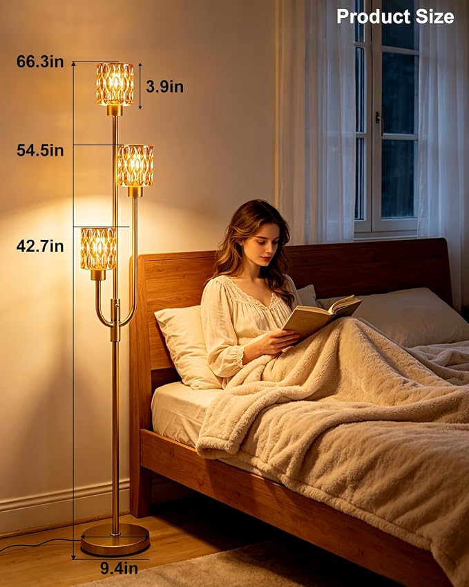 66IN Glass Floor Lamp 3-Lights Modern Gold Dimmable Floor Lamps with 3000K Warm White Bulbs for Wedding Party Modern Standing Tall Lamp with Amber Glass Shade for Living Room/Bedroom/Home Decor