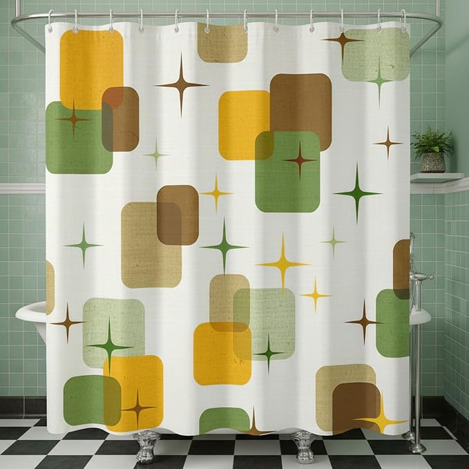 Mid-Century Modern Shower Curtain, Retro Geometric Atomic Starburst Design, Vintage 1950s Abstract Shapes Aesthetic Bathroom Decor, Waterproof Fabric, 72x72 Inch.