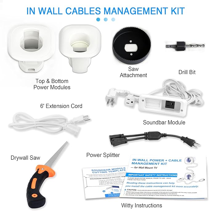 in Wall Cable Management Kit for TV & Soundbar - Cord Hiding for Wall, Hide TV Wires When Mounting, Includes Power & Low Voltage Cable Management, Includes Hole Saw Drill Attachment for Install