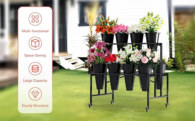 Zhongma Flower Bar Stand Display shelf with Black Buckets for Fresh and Diy flowers Bouquet Rack Organizer Heavy Duty Flower Bucket Stand with Wheels