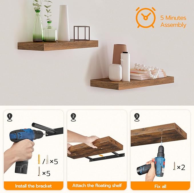 HOOBRO Floating Shelves for Wall, Wall Mounted Shelf Set of 2, 15.7" Hanging Shelf with Invisible Brackets, for Wall Decor Storage in Bathroom Bedroom Kitchen Living Room Office, Rustic Brown BF40BJ01
