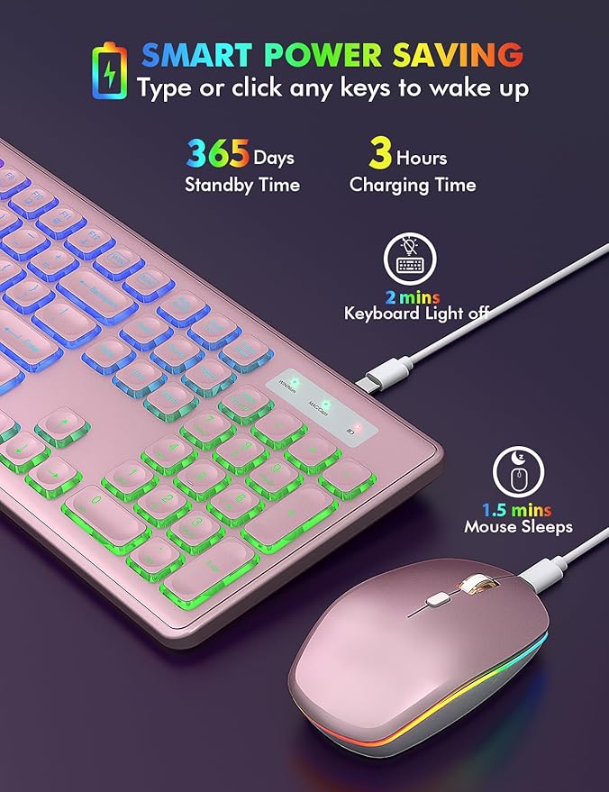 Wireless Keyboard and Mouse Combo, RGB Backlit, Rechargeable & Light Up Letters, Full-Size, Soft Typing, Sleep Mode, 2.4GHz Quiet Keyboard Set for Mac, Windows, Laptop, PC, Trueque (Rose Pink)
