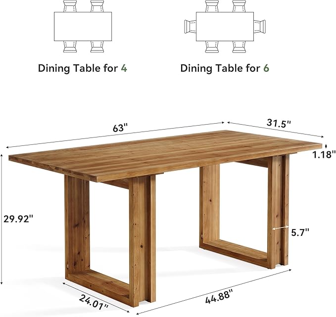 63-Inch Solid Wood Dining Table for 6, Farmhouse Kitchen Table with Heavy Duty Legs, Rectangular Wood Desk for Dining Room, Living Room, Rustic Brown