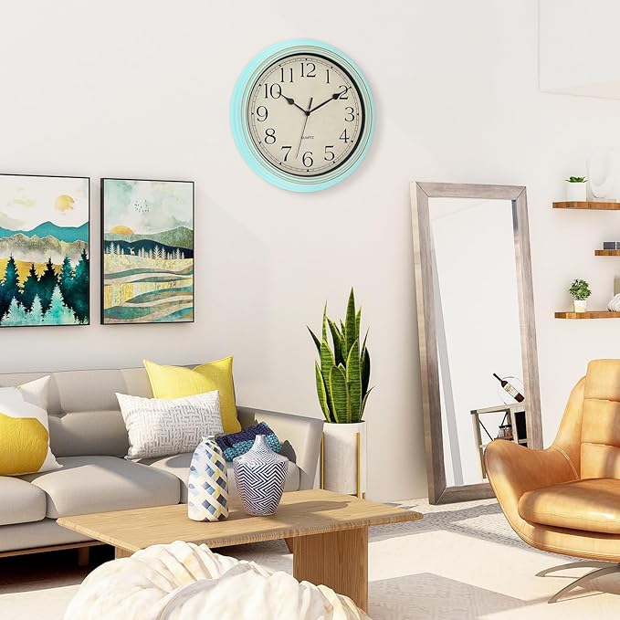 Foxtop 14 Inch Wall Clock Battery Operated Silent Non-Ticking Round Classic Vintage Retro Wall Clock Decorative for Living Room Kitchen Home Office (Light Turquoise)