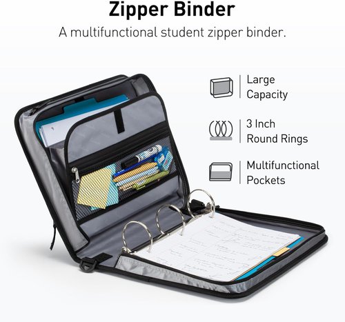 Skiennix 3-Inch O-Ring Zipper Binder - Expanding Files & Multiple Pockets | Jet Black with Shoulder Strap